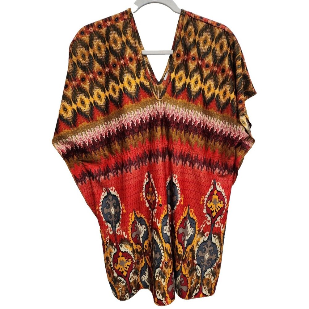 Metropolitan Womens Artsy Tunic Top XL‎ Red Gold Ikat BOHO Gypsy Kimono Sleeve